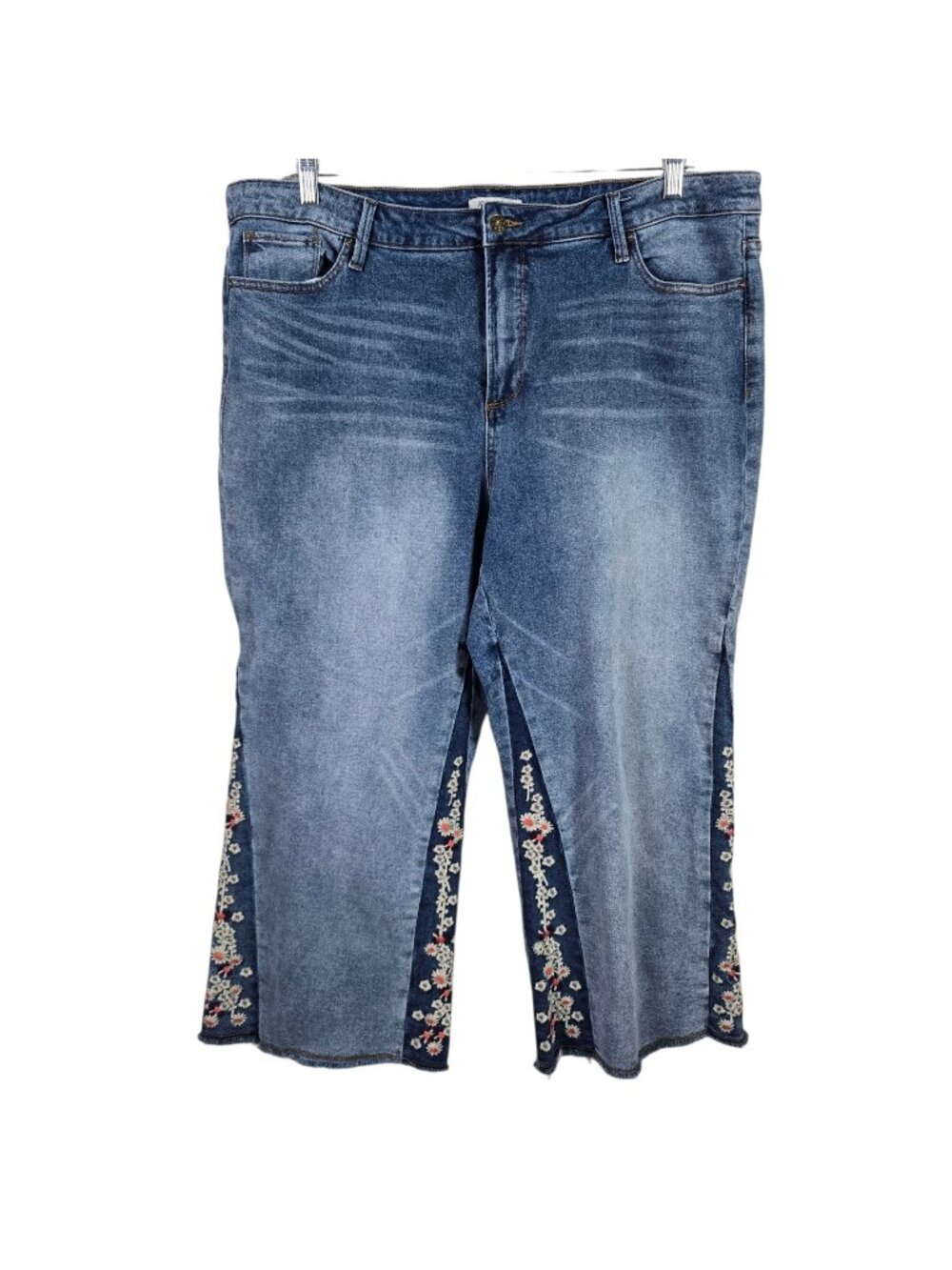 John Mark Womens Floral Embroidered Two Tone Raw Hem Boho Cropped Jeans 20W